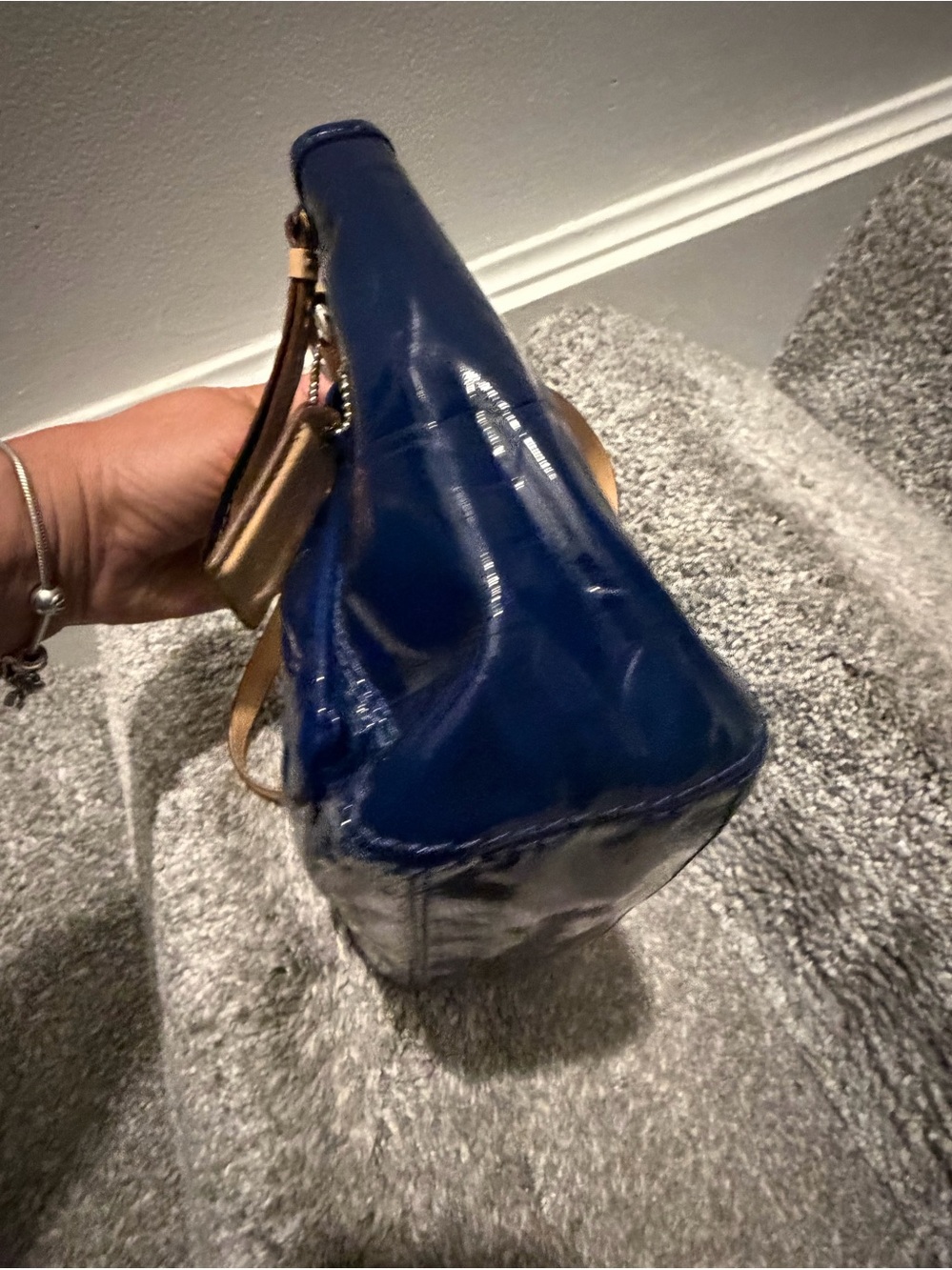Coach Leah Embossed Signature Navy Blue Patent Leather Hand Bag - Picture 6 of 8